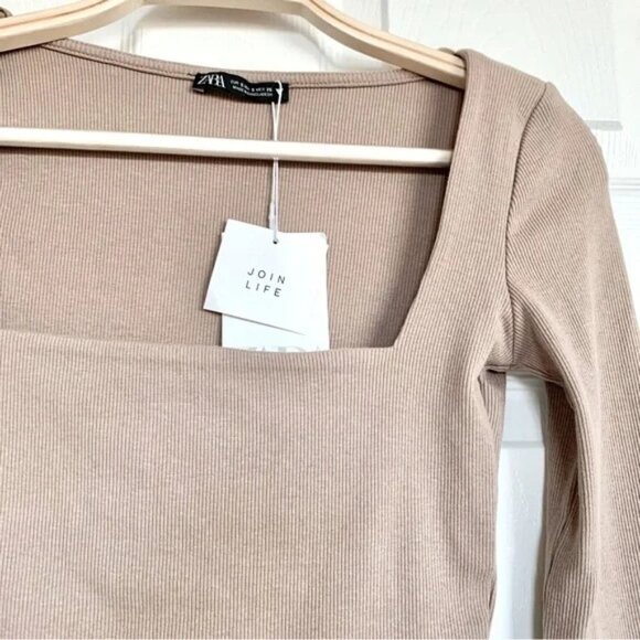 ZARA Beige Tan Ribbed Square Neck Long Sleeve Top - Picture 5 of 5